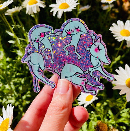 goblins holding hand and dancing in a circle on a glittery background