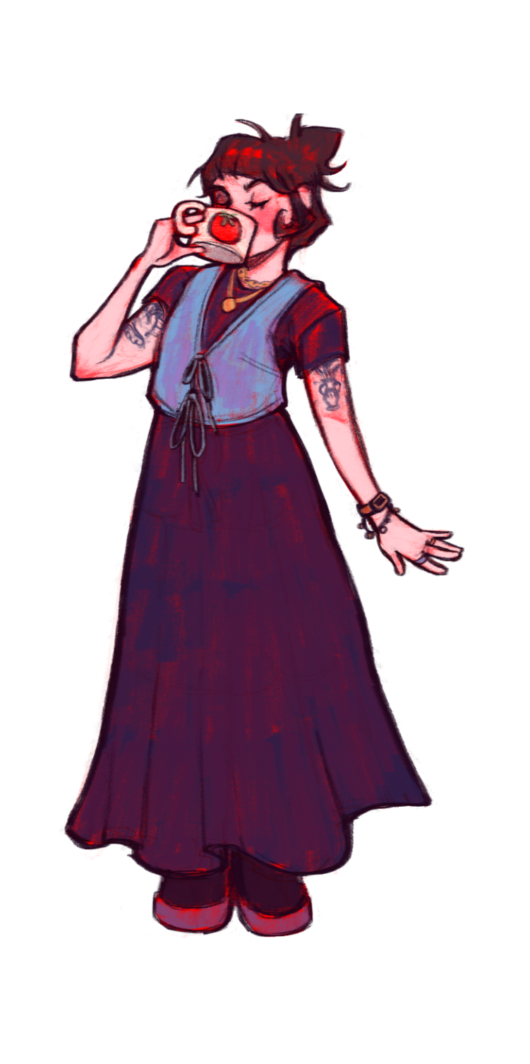 figure brown hair wearing a denim vest and black skirt drinking coffee out of a tomato mug