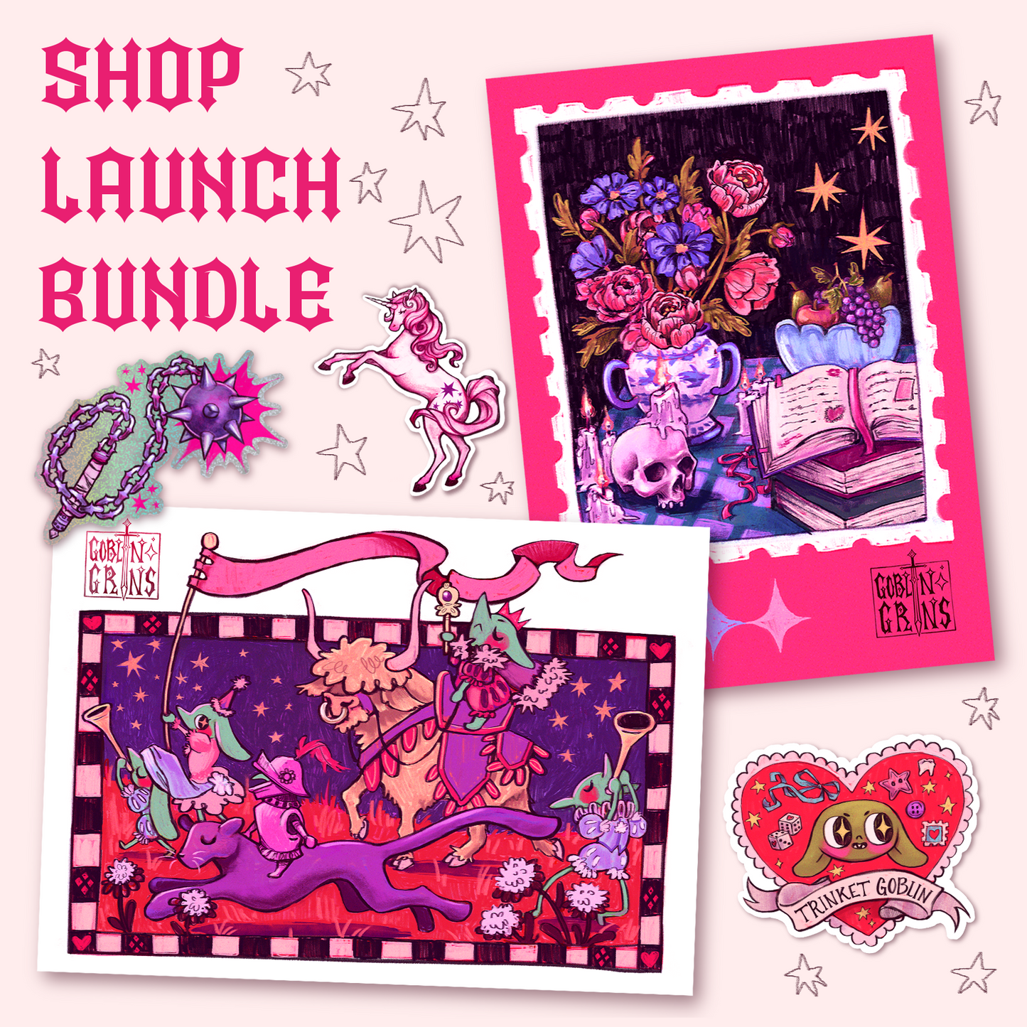 Shop launch bundle with colorful illustrations and text on a white background