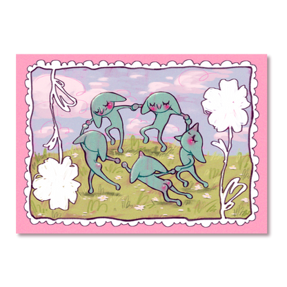 Cartoon characters in a field with a pink border