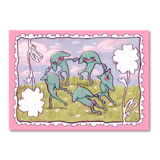 Cartoon characters in a field with a pink border