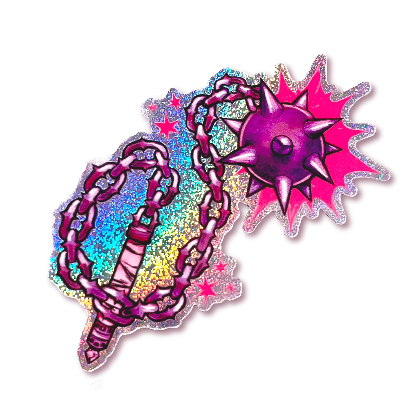 Colorful decorative item with chains and star design on a white background