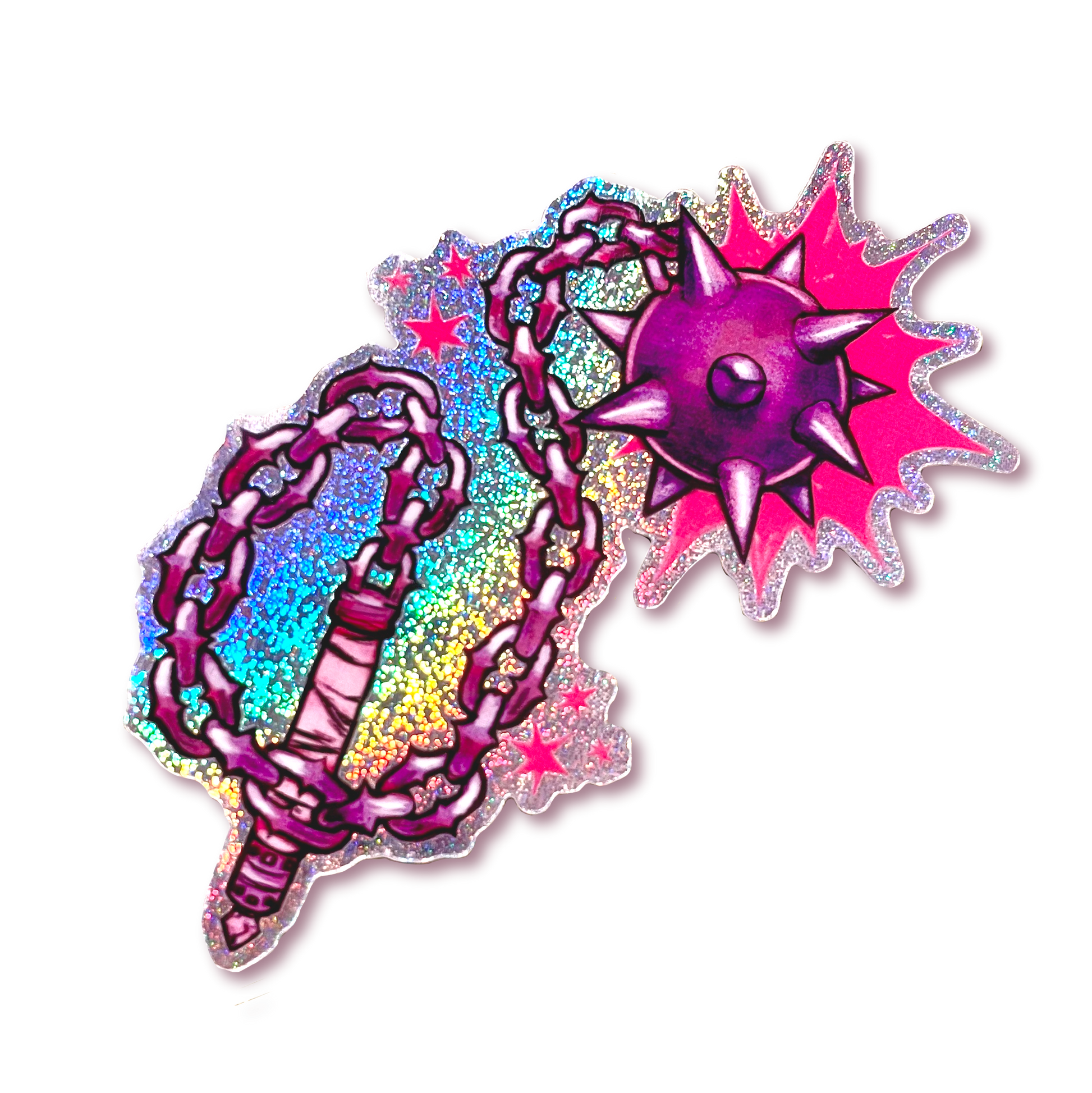 Colorful decorative item with chains and star design on a white background