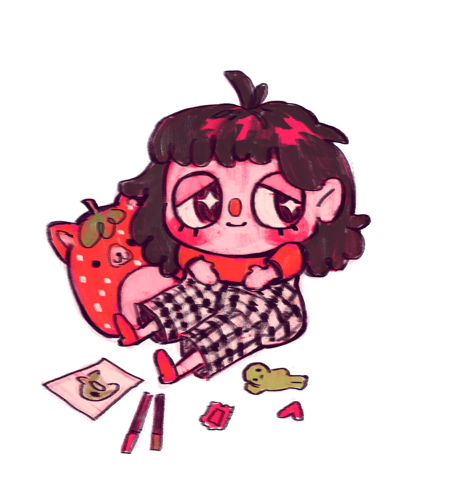 Cartoon character with brown hair and a strawberry plushie, surrounded by art supplies on a white background